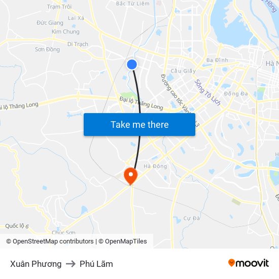 Xuân Phương to Phú Lãm map
