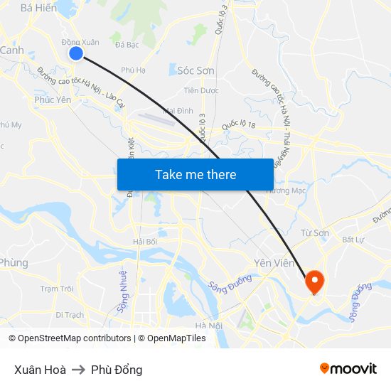 Xuân Hoà to Phù Đổng map