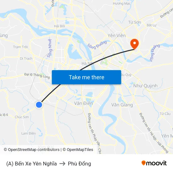 (A) Bến Xe Yên Nghĩa to Phù Đổng map