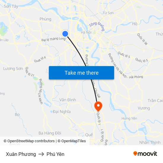 Xuân Phương to Phú Yên map