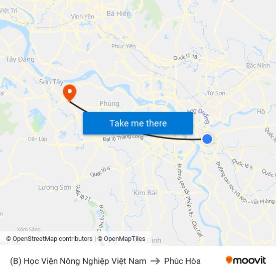 (B) Học Viện Nông Nghiệp Việt Nam to Phúc Hòa map