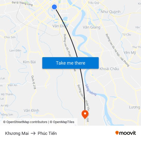 Khương Mai to Phúc Tiến map