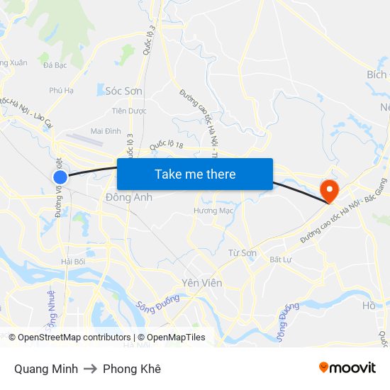 Quang Minh to Phong Khê map