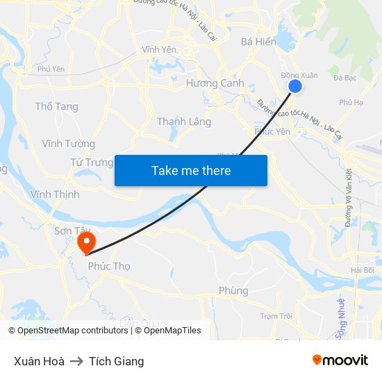 Xuân Hoà to Tích Giang map