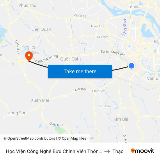 Học Viện Công Nghệ Bưu Chính Viễn Thông - Trần Phú (Hà Đông) to Thạch Hoà map
