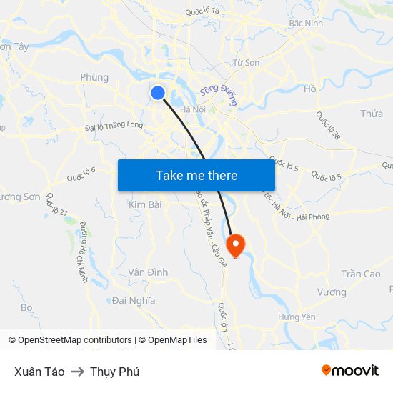 Xuân Tảo to Thụy Phú map