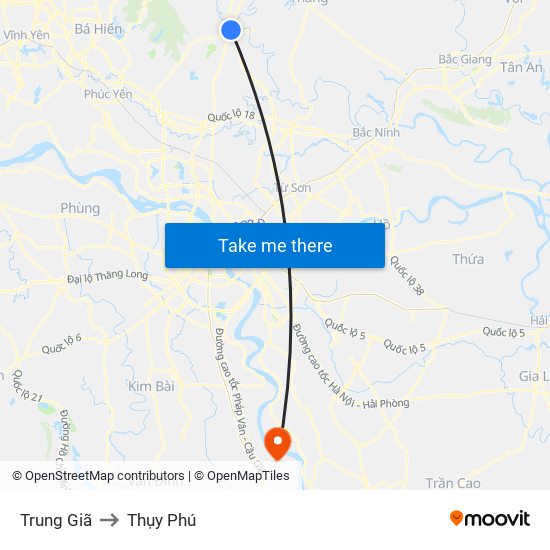 Trung Giã to Thụy Phú map