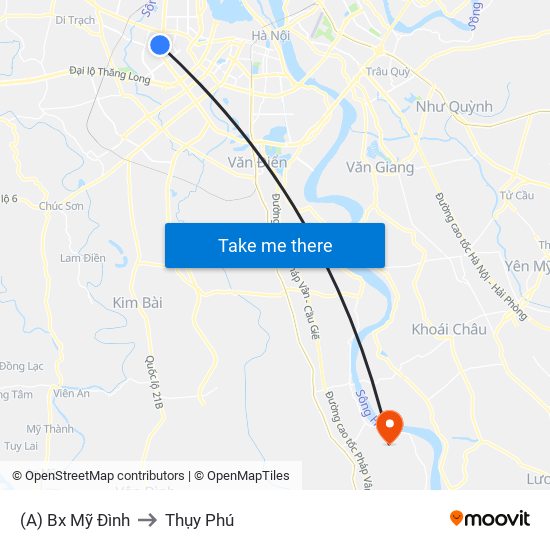 (A) Bx Mỹ Đình to Thụy Phú map