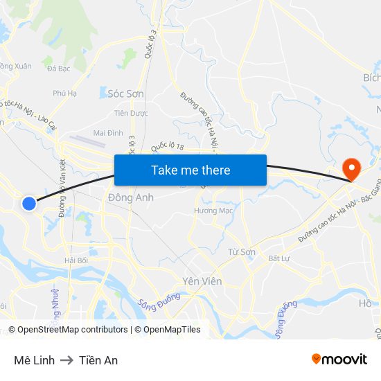 Mê Linh to Tiền An map