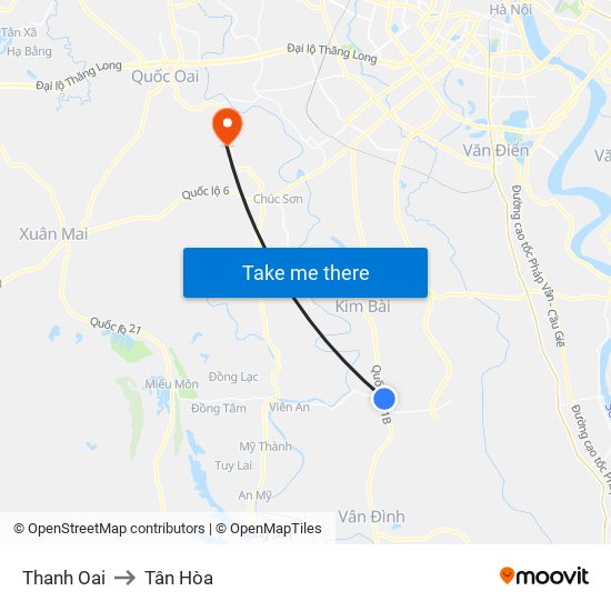 Thanh Oai to Tân Hòa map