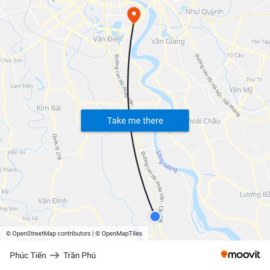 Phúc Tiến to Trần Phú map