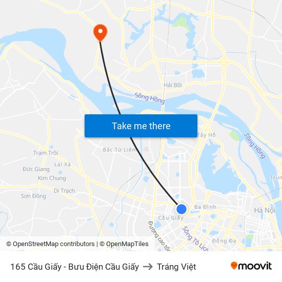 165 Cầu Giấy - Bưu Điện Cầu Giấy to Tráng Việt map