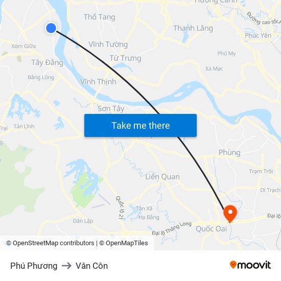 Phú Phương to Vân Côn map