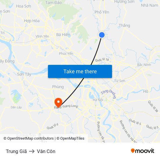 Trung Giã to Vân Côn map