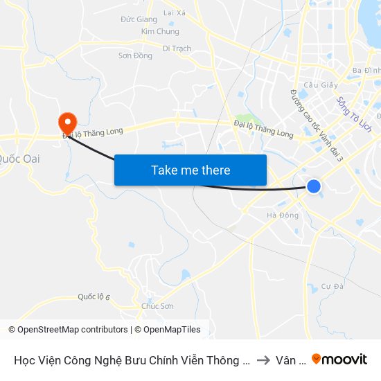 Học Viện Công Nghệ Bưu Chính Viễn Thông - Trần Phú (Hà Đông) to Vân Côn map