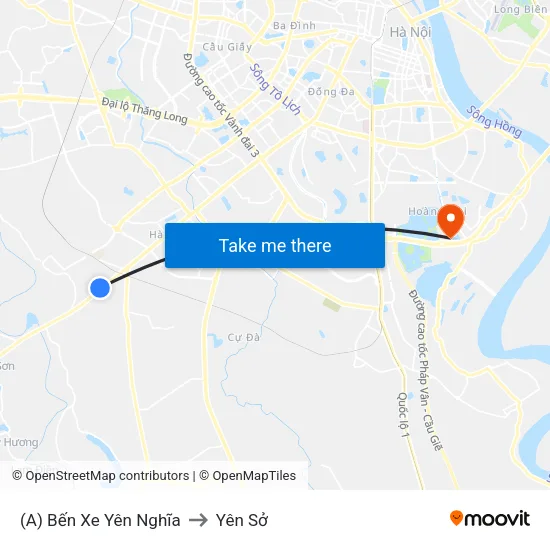 (A) Bến Xe Yên Nghĩa to Yên Sở map