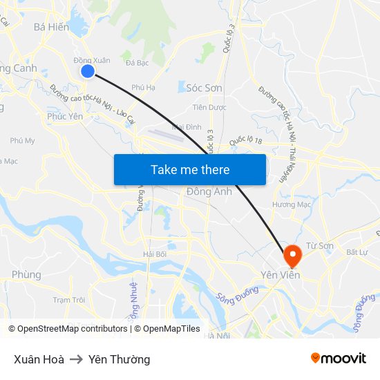 Xuân Hoà to Yên Thường map