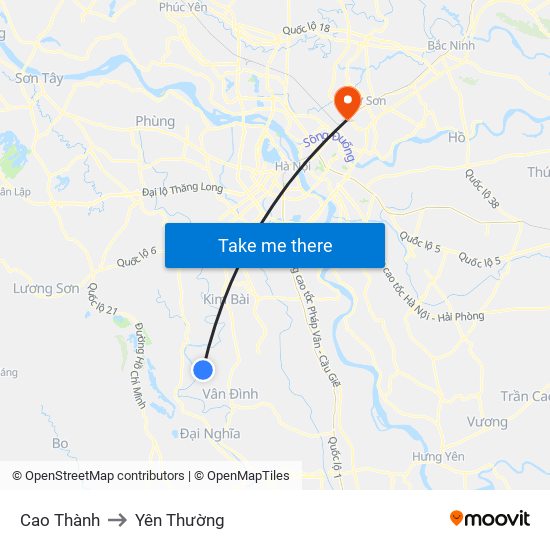 Cao Thành to Yên Thường map