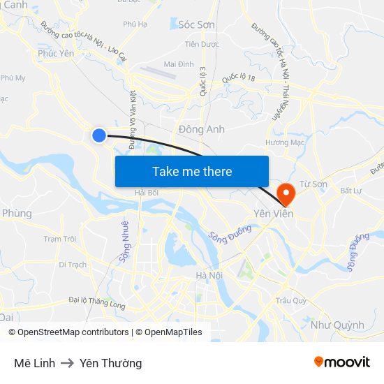 Mê Linh to Yên Thường map