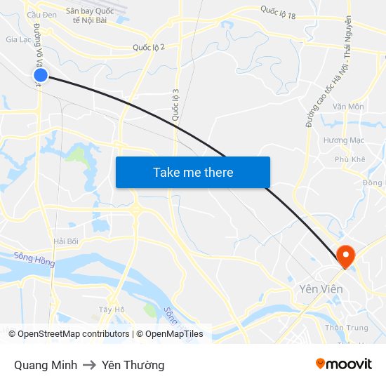 Quang Minh to Yên Thường map