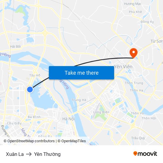 Xuân La to Yên Thường map