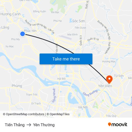 Tiến Thắng to Yên Thường map