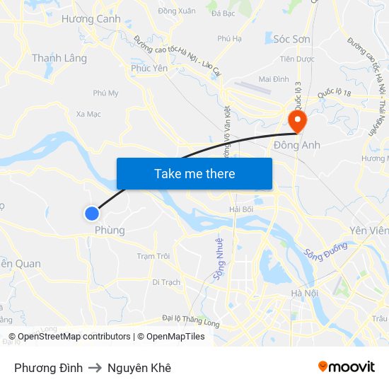 Phương Đình to Nguyên Khê map