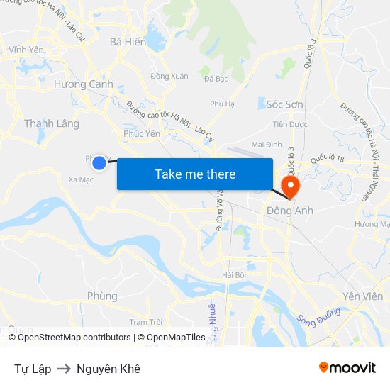 Tự Lập to Nguyên Khê map