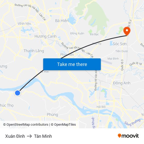 Xuân Đình to Tân Minh map