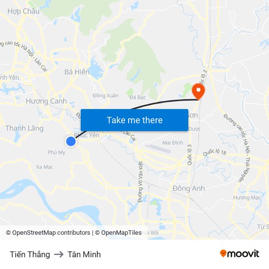 Tiến Thắng to Tân Minh map