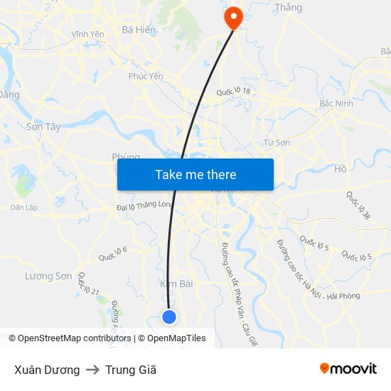 Xuân Dương to Trung Giã map