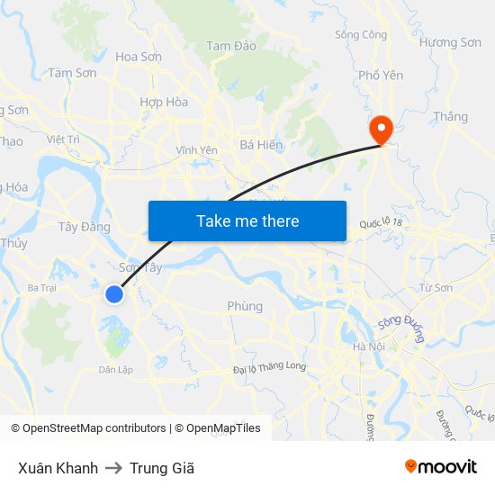 Xuân Khanh to Trung Giã map