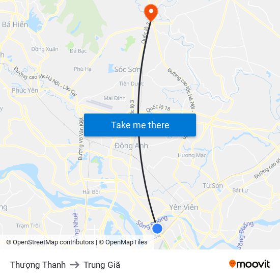 Thượng Thanh to Trung Giã map