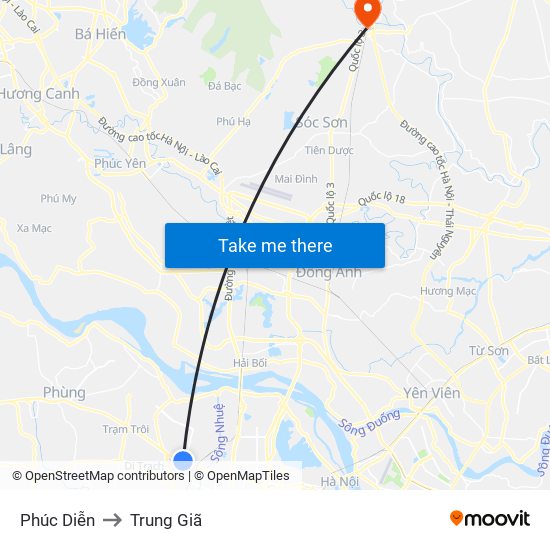 Phúc Diễn to Trung Giã map