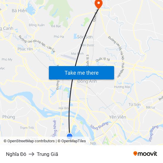 Nghĩa Đô to Trung Giã map