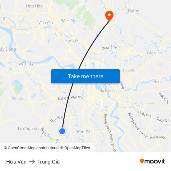 Hữu Văn to Trung Giã map
