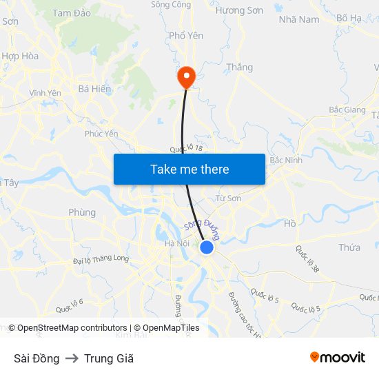 Sài Đồng to Trung Giã map