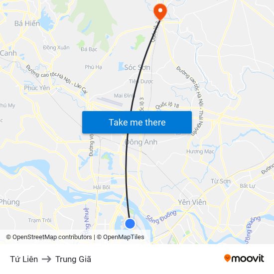 Tứ Liên to Trung Giã map