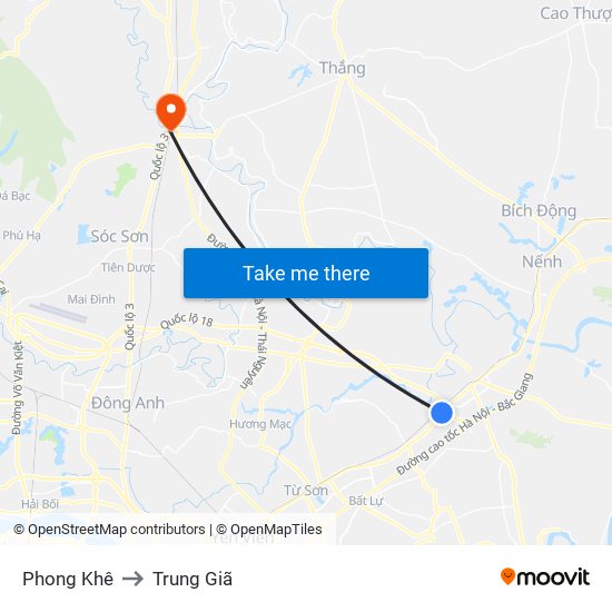 Phong Khê to Trung Giã map