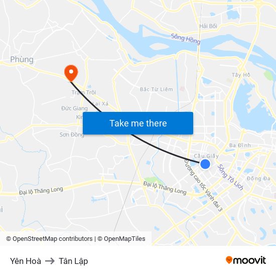 Yên Hoà to Tân Lập map