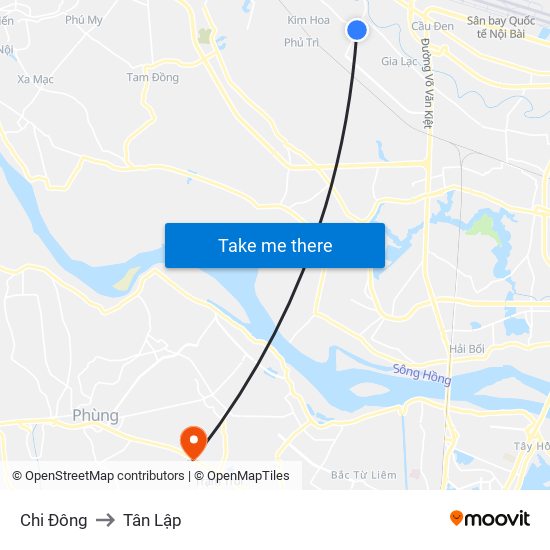 Chi Đông to Tân Lập map