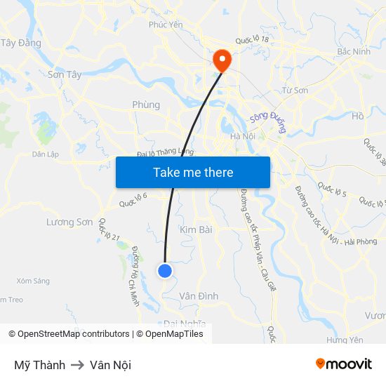 Mỹ Thành to Vân Nội map