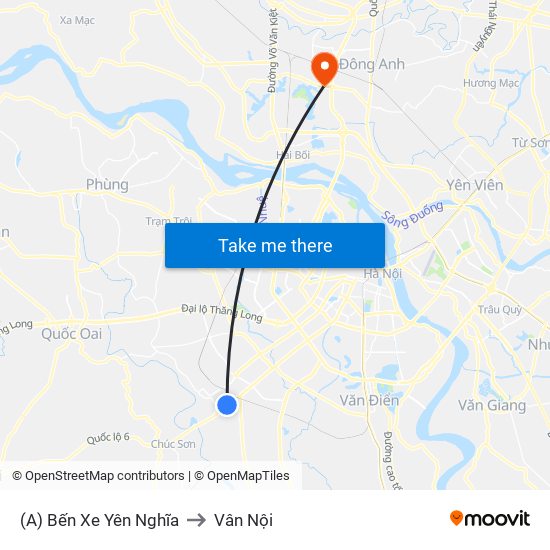 (A) Bến Xe Yên Nghĩa to Vân Nội map