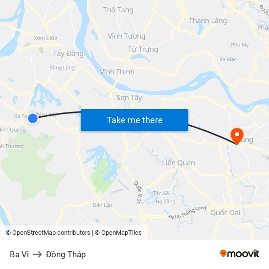 Ba Vì to Đồng Tháp map