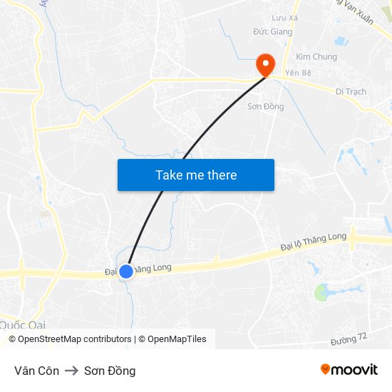 Vân Côn to Sơn Đồng map