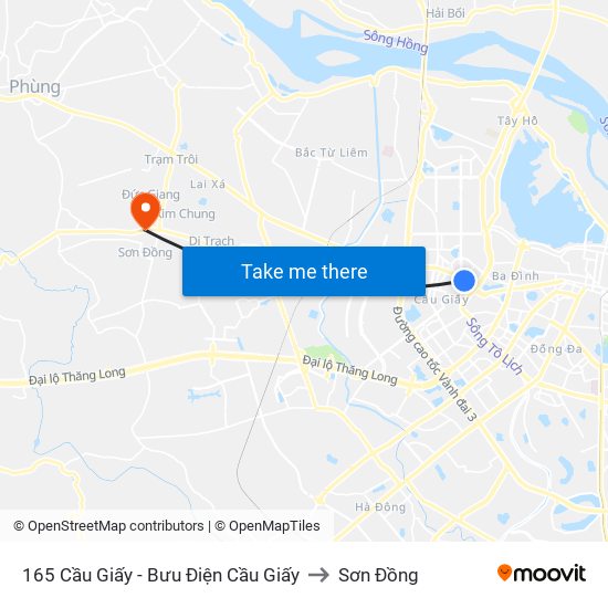 165 Cầu Giấy - Bưu Điện Cầu Giấy to Sơn Đồng map