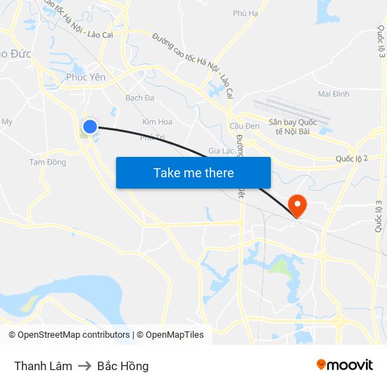 Thanh Lâm to Bắc Hồng map
