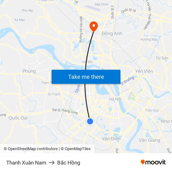 Thanh Xuân Nam to Bắc Hồng map