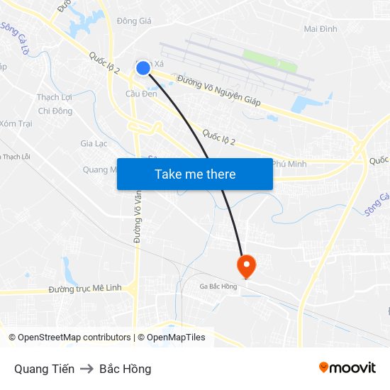 Quang Tiến to Bắc Hồng map