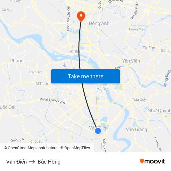 Văn Điển to Bắc Hồng map